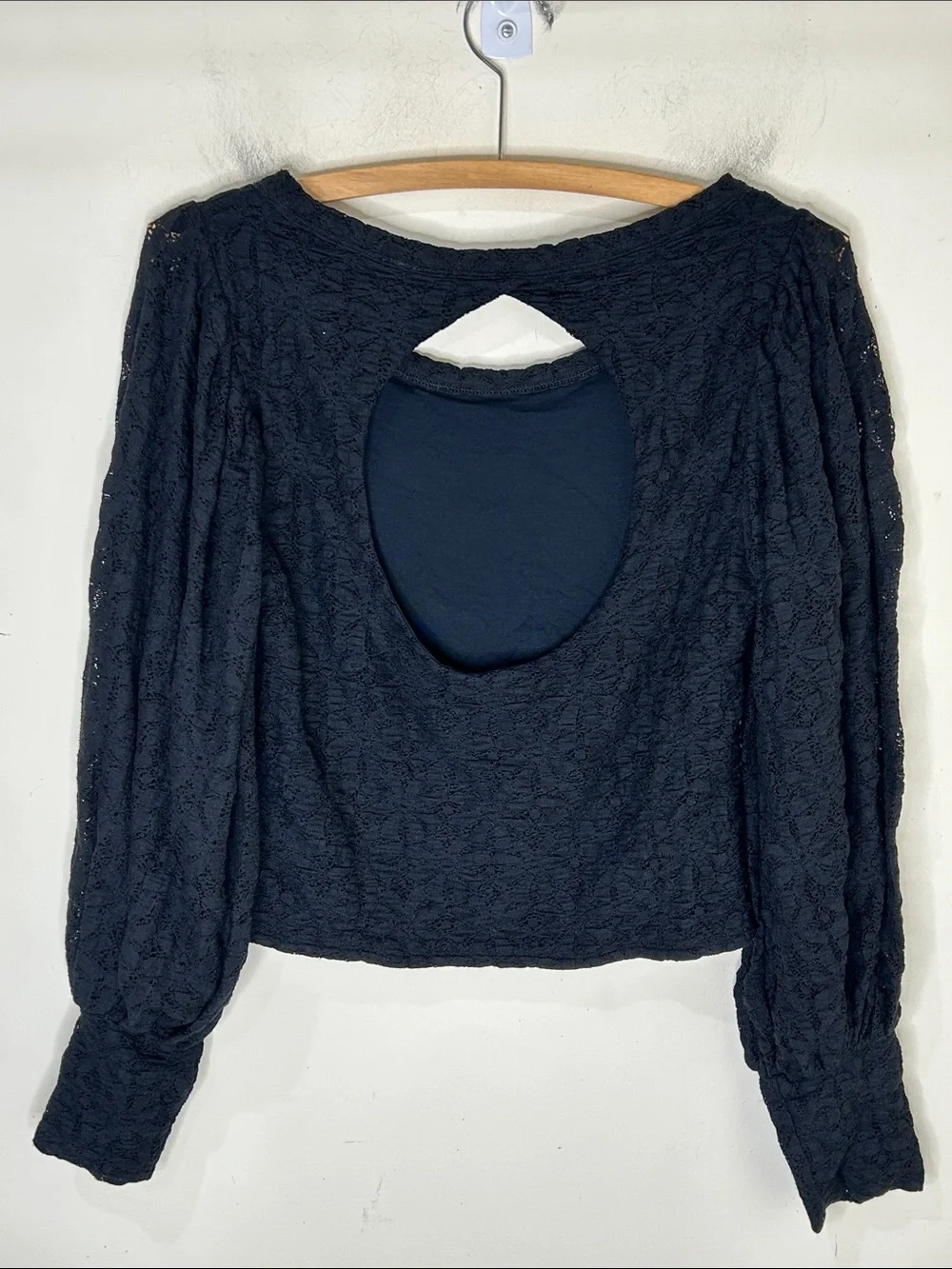 FREE PEOPLE Tea Time Lace Puff Sleeve Blouse Black Size Medium